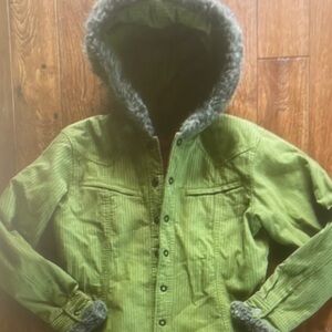 Green Hooded Jacket with Faux Fur Trim